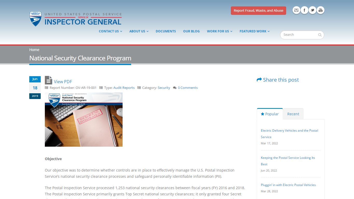 National Security Clearance Program | USPS Office of Inspector General
